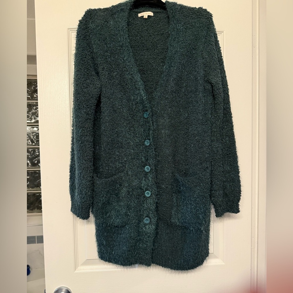 Skies Are Blue Cozy Dark Green Button-Up 3/4 Length Long Cardigan - Picture 3 of 10